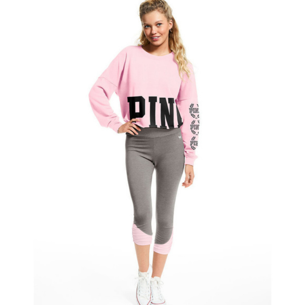 Victoria's Secret PINK Logo Sweatshirt Top Shirt Gray Leggings Pants Set